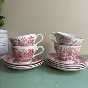 Vintage red transfer ware cups/saucers